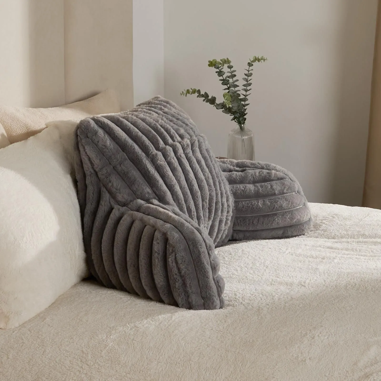 OHS Faux Fur Ribbed Reading Pillow Super Soft Heatable Cuddle Cushion in Charcoal