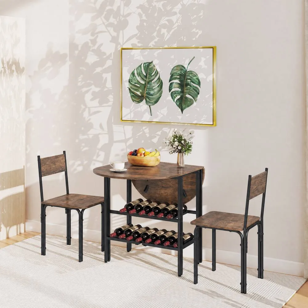 Costway 3 Piece Drop Leaf Dining Table Set w/ 2 Chairs Brown Kitchen Set 4