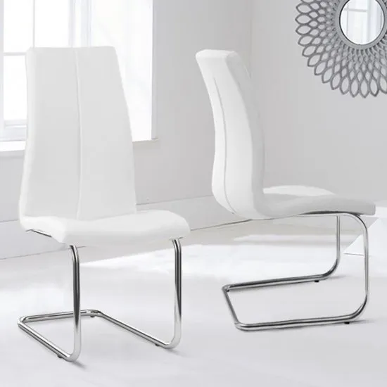 Naos White PU Leather Dining Chairs With Hooped Leg In Pair