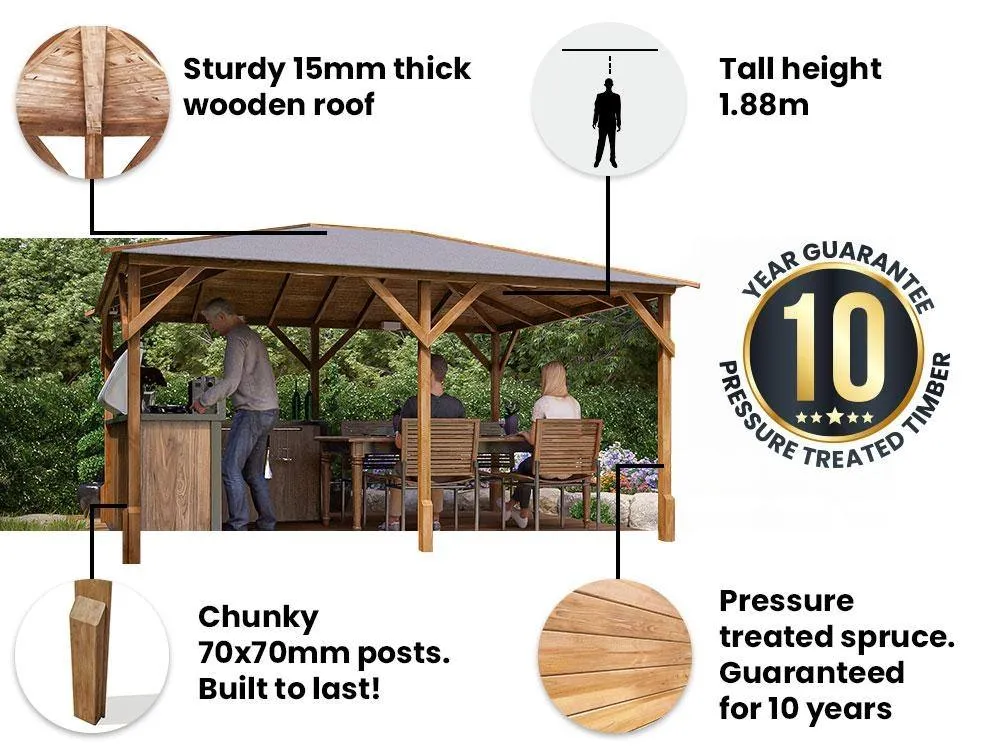 Dunster House Wooden Gazebo with Louvre Wall & Shingles 4m x 3m - Utopia in Brown 3