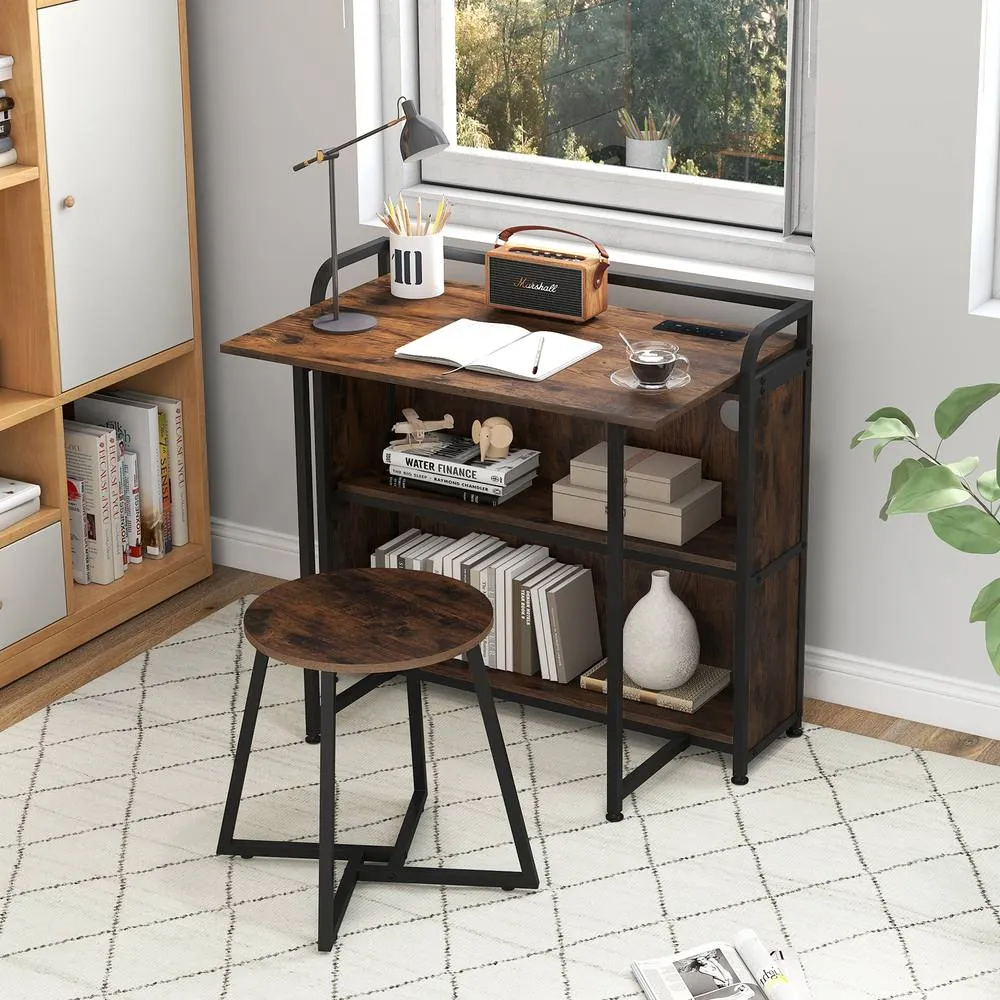 Costway Folding Table w/Stool 90 cm Computer Desk Set w/ AC Outlets in Brown