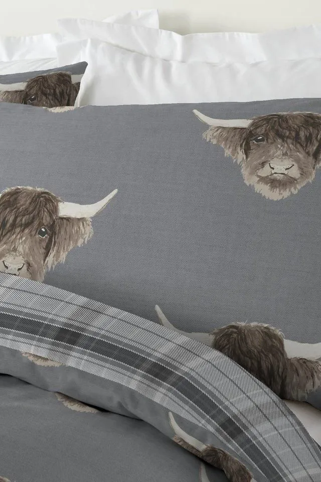 Fusion 'Highland Cow' Print With Tartan Reverse Duvet Cover Set in Grey 4