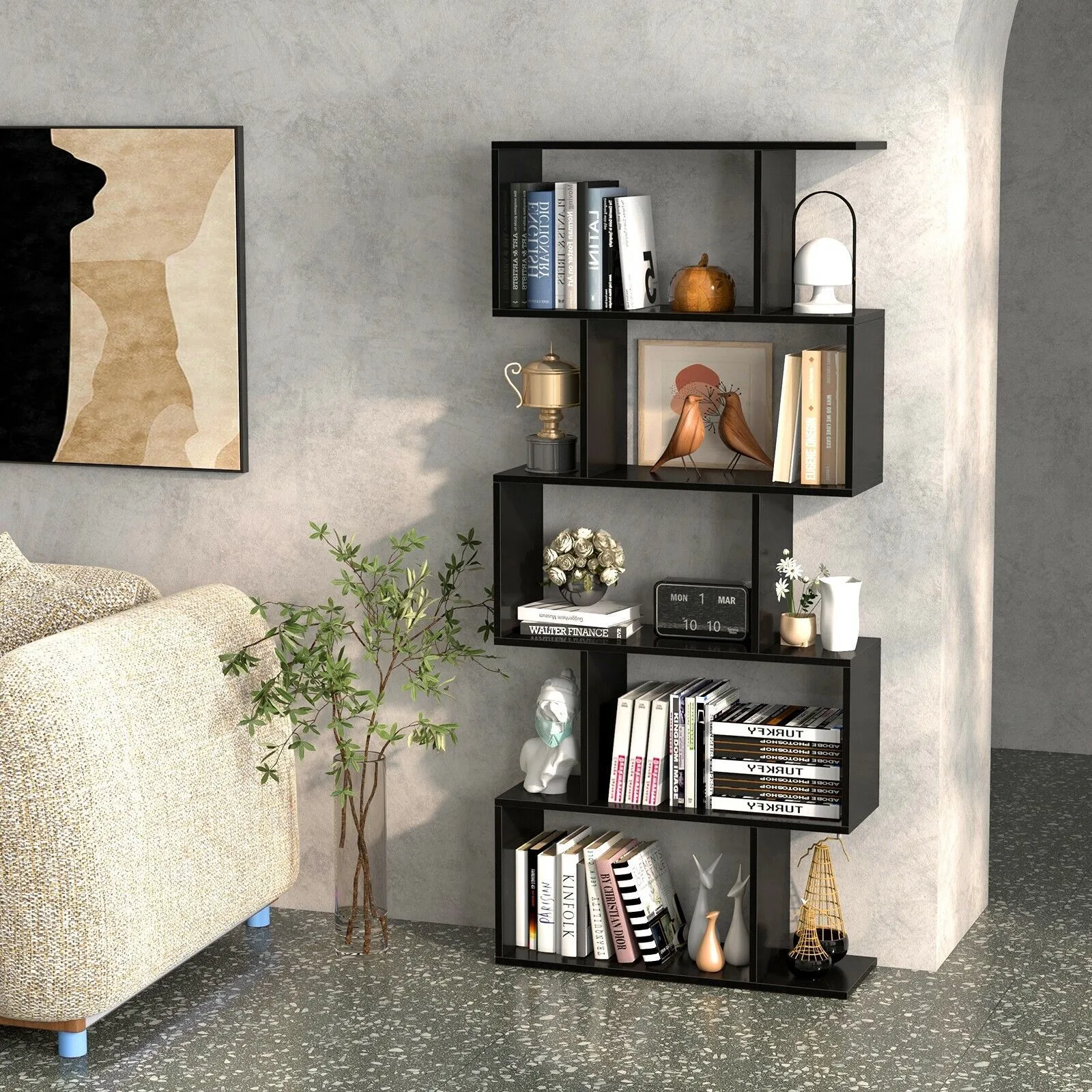 Costway 5-tier Bookcase Anti-Toppling S-Shaped Bookshelf Wooden Storage Display Rack in Black 5
