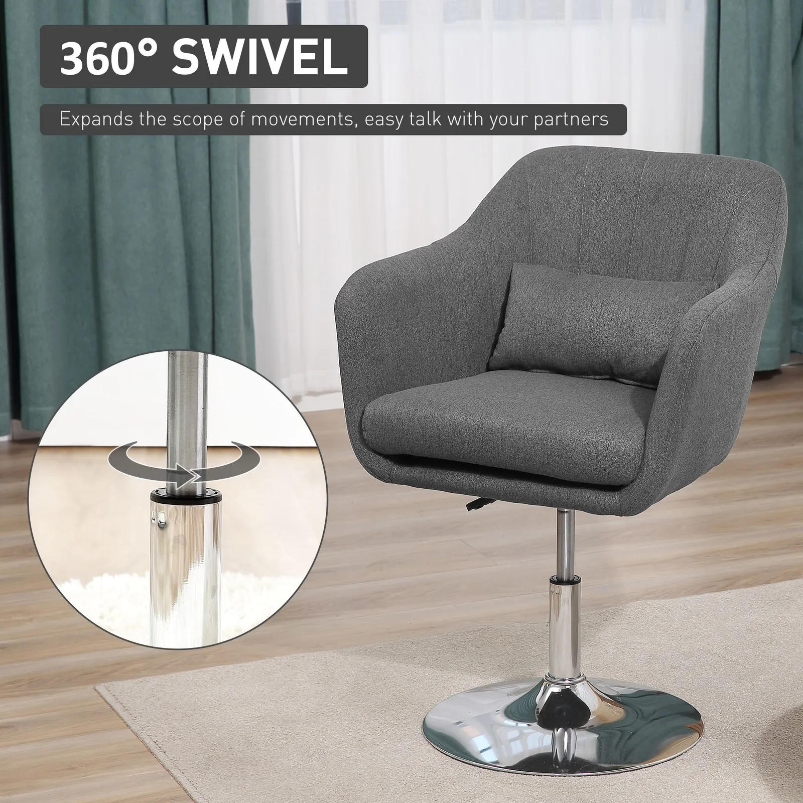 HOMCOM Stylish Retro Linen Swivel Tub Chair Steel Frame Cushion Seat in Dark Grey 5