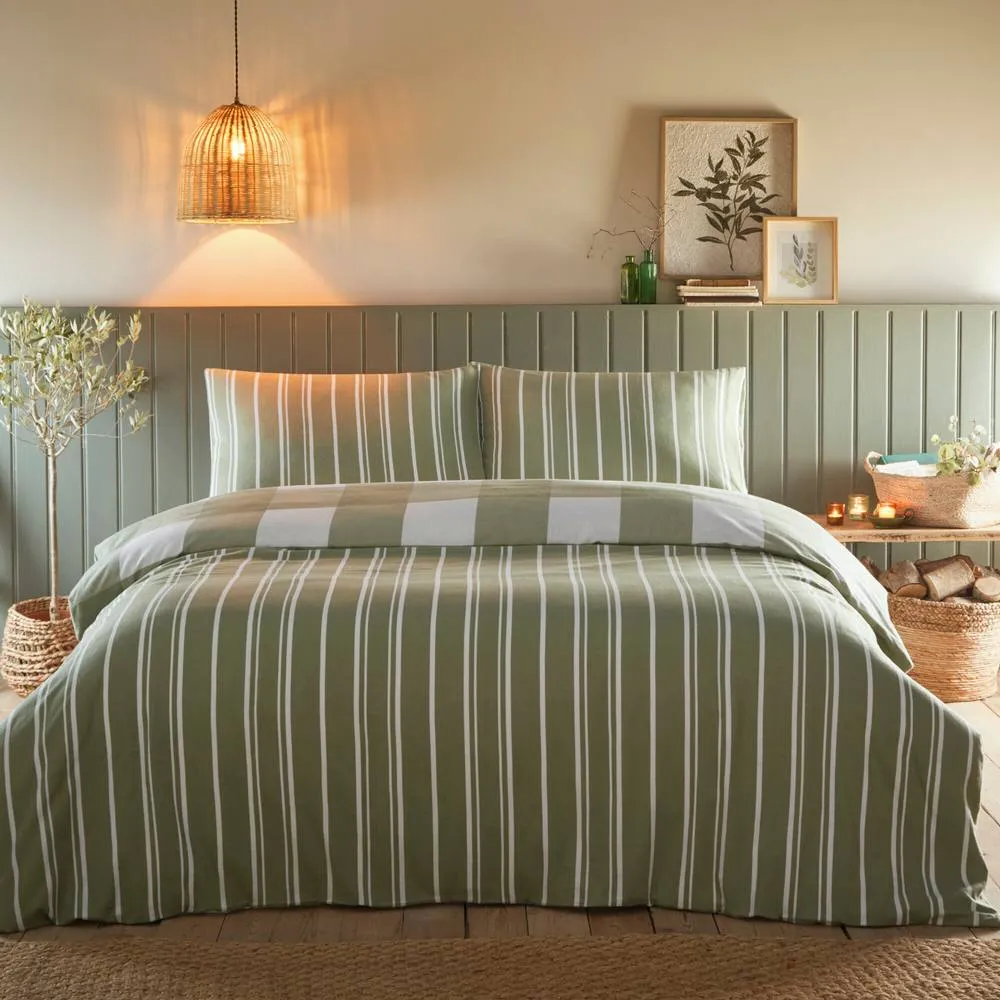 Portfolio Home Glenmore Check Brushed Cotton Striped Reversible Duvet Cover Set in Green 2