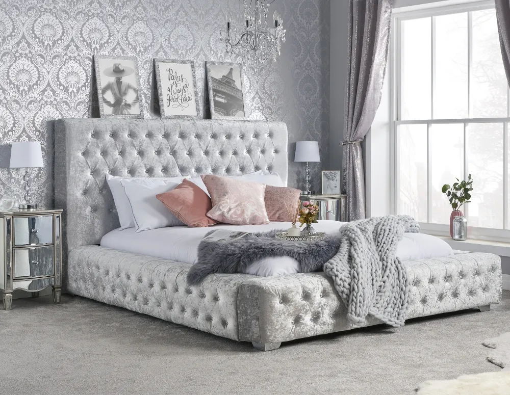 Grande Steel Crushed Velvet Fabric Bed Frame - 6ft Super King Size