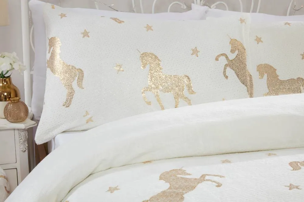 Smart Living Luxury Fleece Unicorn Foil Duvet Cover with Pillowcase in Ivory 2