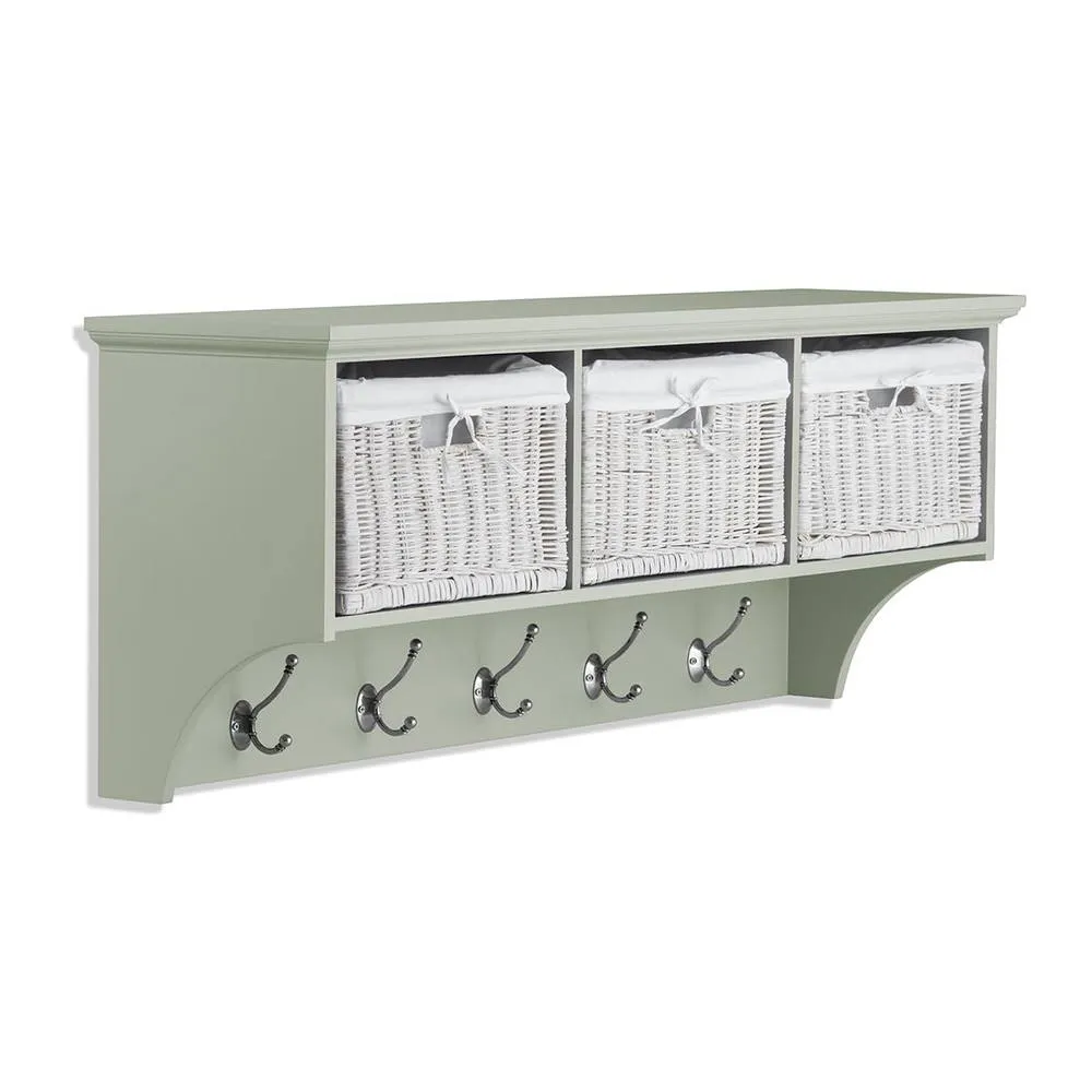 Statement Furniture Tetbury Large Hallway Coat Rack / Shelf with Wicker Storage Baskets in Light Green 1