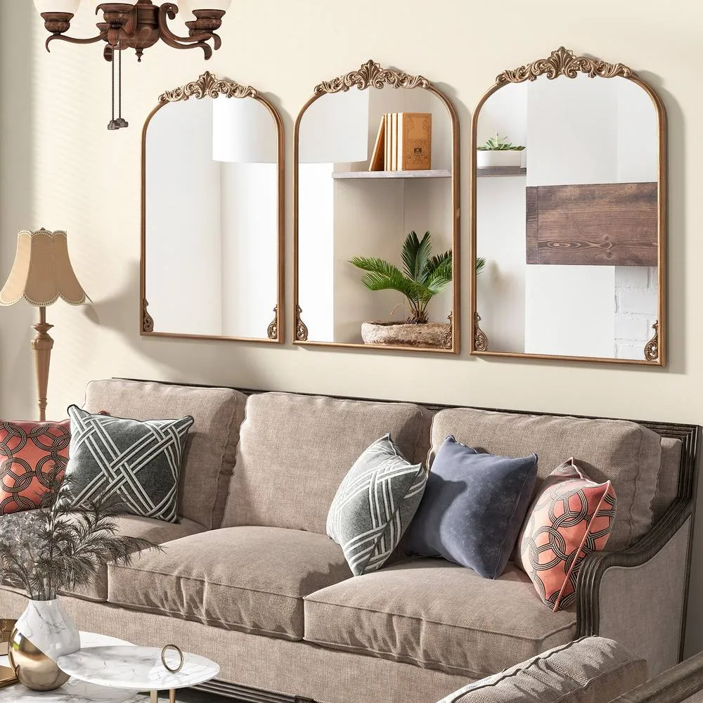 Costway Antiqued Gold Wall Mirror 95cm x 66cm Dramatic Arched Mirror 4