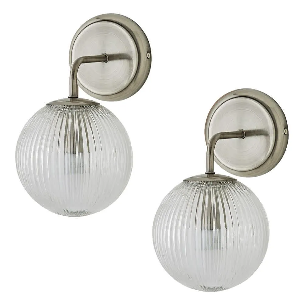 ValueLights Kempton Pair of Ribbed Glass Globe Shade Single Arm Wall Lights in Silver 1