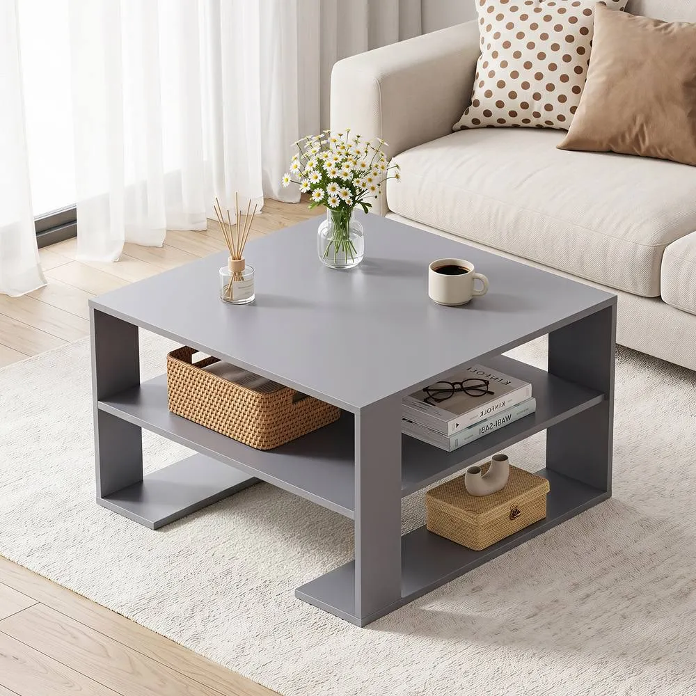 Costway Square Coffee Table Modern Compact Center Table with Open Shelf in Grey 3