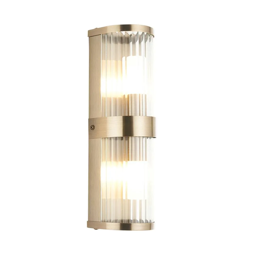Netlighting Ridgeton IP44 Bathroom Wall Lamp Antique Brass Clear Ribbed Glass in Gold