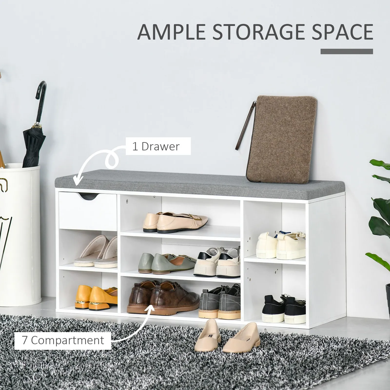 HOMCOM Shoe Storage Bench with Cushion 7 Compartments Adjustable Shelves in White 4