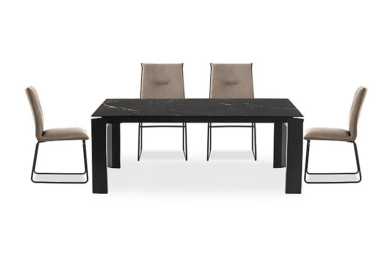Viola 220cm Extra Large Extending Dining Table with Calacatta Ceramic Top and Graphite Wooden Legs and 4 Maya Chairs - Desert