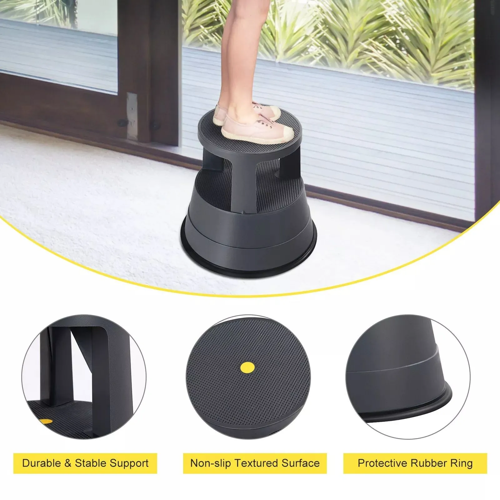 Costway Step Stool Roller Stool with Casters & Non-slip Rubber Band 150kg Large Capacity in Black 6