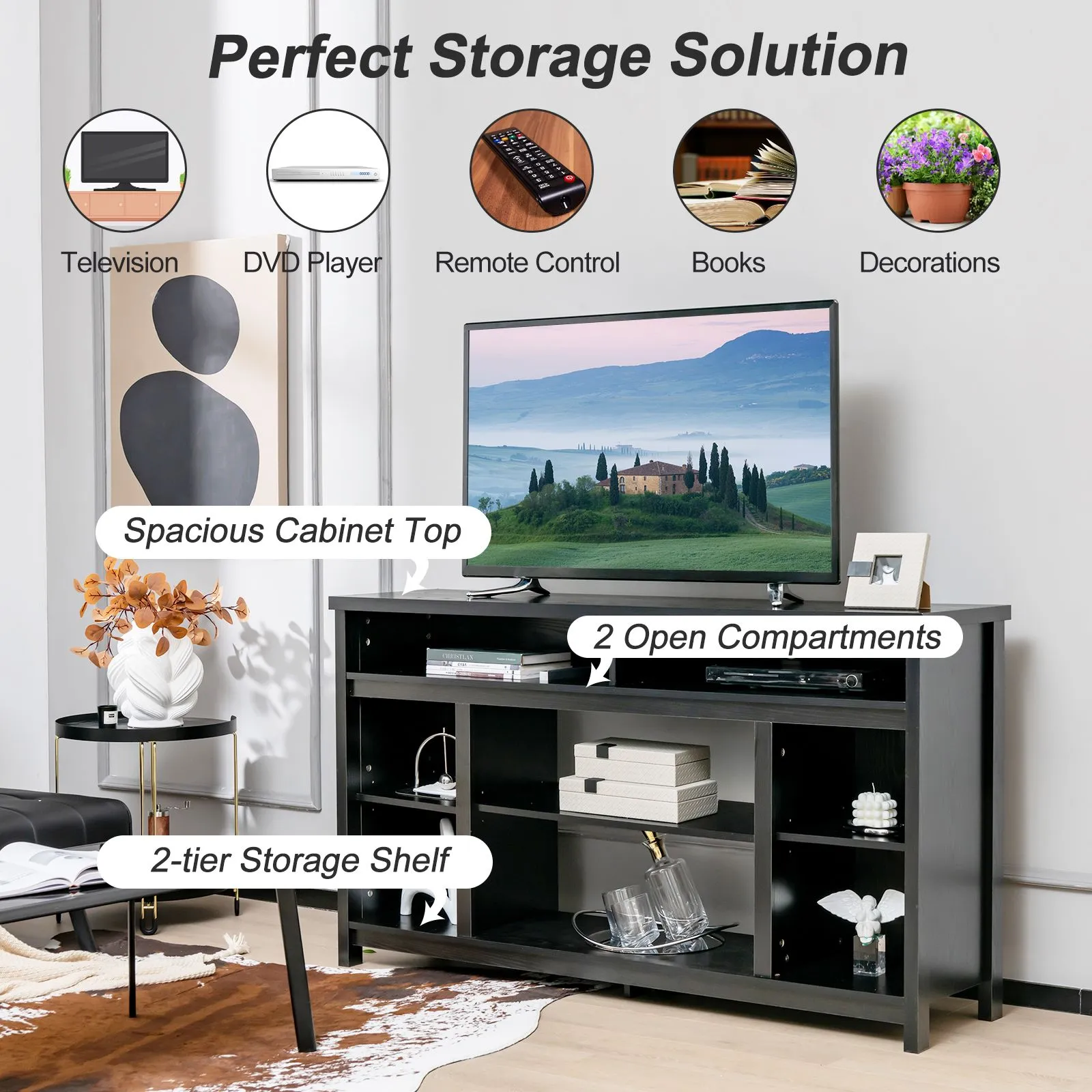 Costway Fireplace TV Stand Media Console Table w/ Adjustable Shelf for TVs up to 65" in Black 6