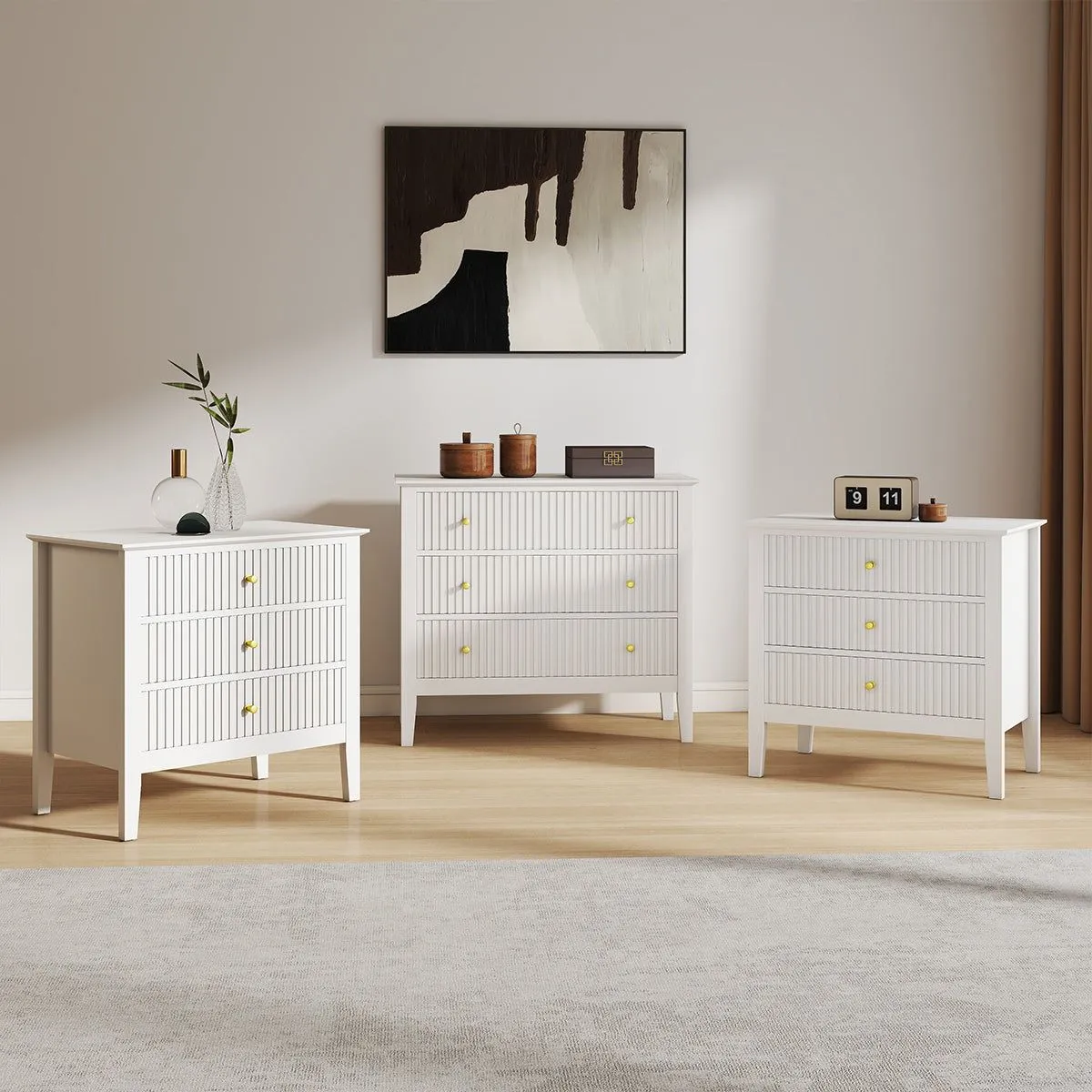 Melody Maison Wide 3 Drawer Chest Of Drawers & Pair Of Large Bedside Tables - Hales White Range