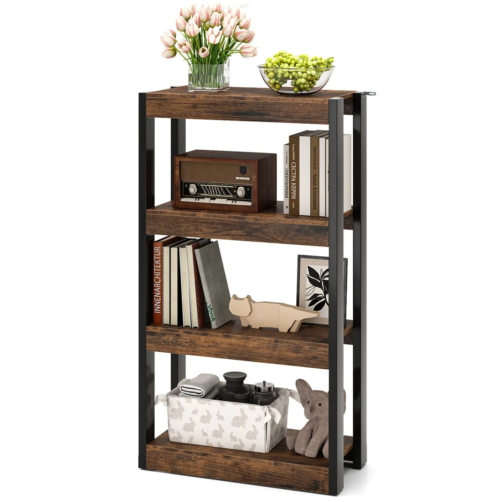 Costway 4 Tier Bookshelf Wooden Bookcase with Dual Anti-Tipping Kits-Coffee in Brown