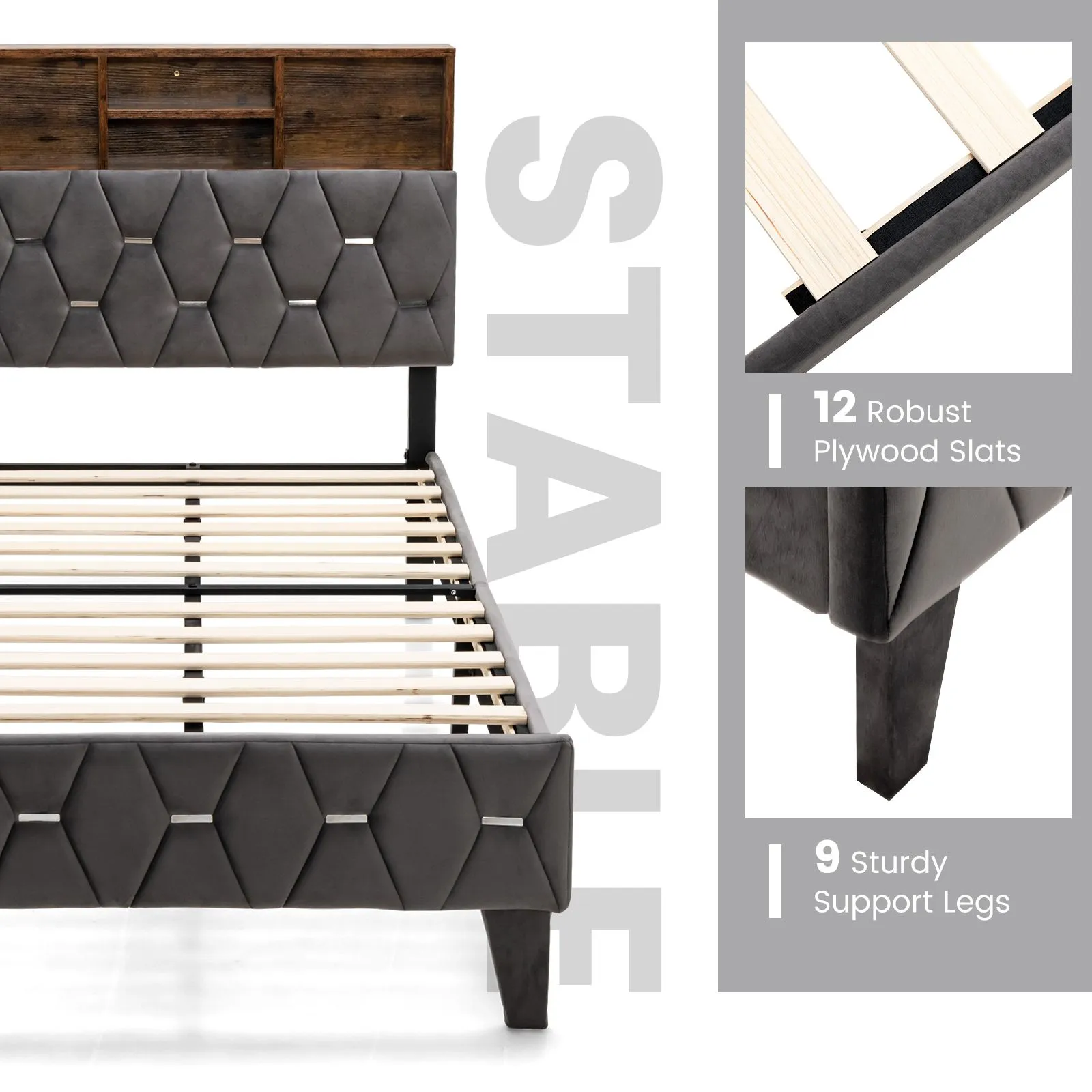 Costway Single Size Bed Frame Upholstered Platform Bed Slat Support W/ Storage Headboard in Grey 4