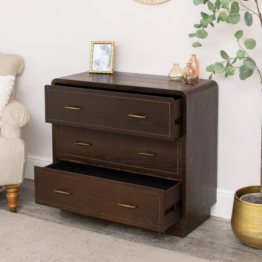 Melody Maison 3 Drawer Dark Wood Chest Of Drawers - Kingsley Range in Brown 2