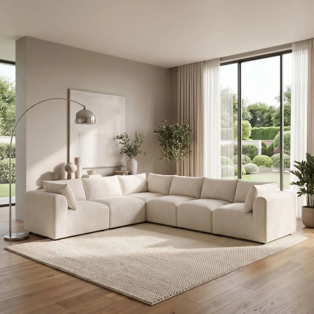 FurnitureboxUK Drift Boucle Fabric 5 Seater L-Shaped Modular Corner Sofa in Cream 1