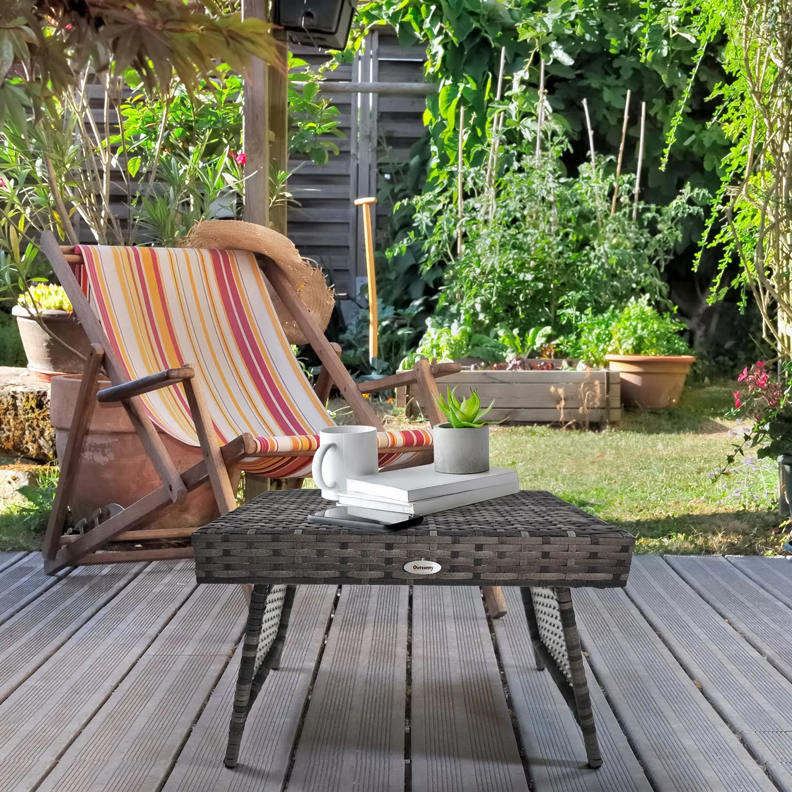 OUTSUNNY Foldable Outdoor Coffee Table, Steel Frame Rattan Side Table in Light Grey