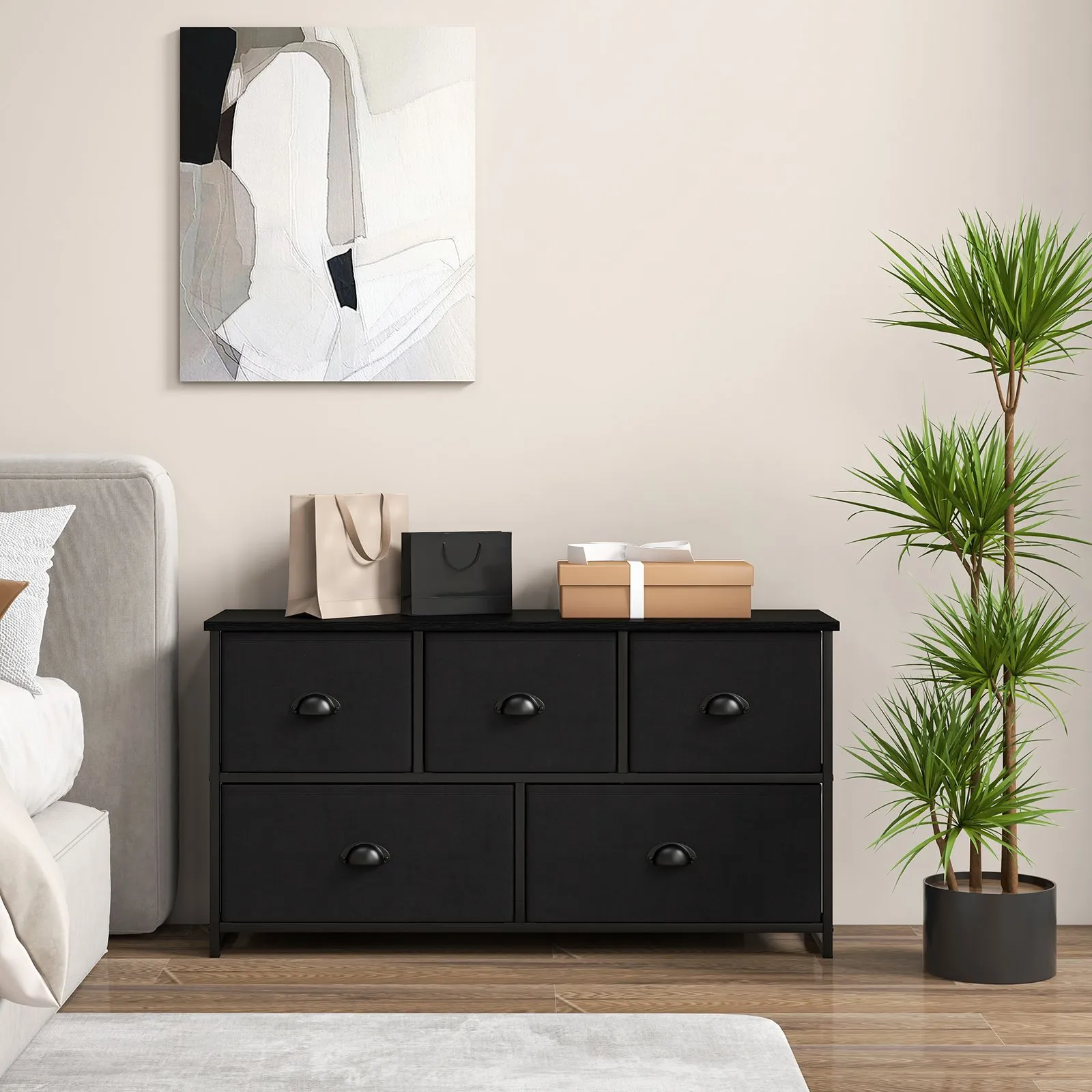 Costway 5 Drawers Cabinet 2-Tier Fabric Storage Organizer Chest of Drawers w/ Baskets in Black 3
