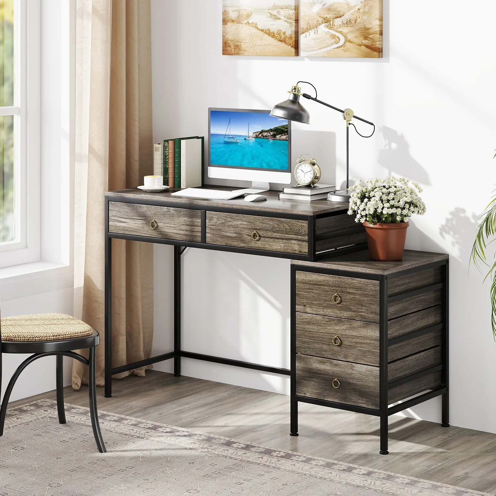 Costway Computer Desk Home Office Desk w/ Side File Cabinet & 5 Drawers in Grey 3