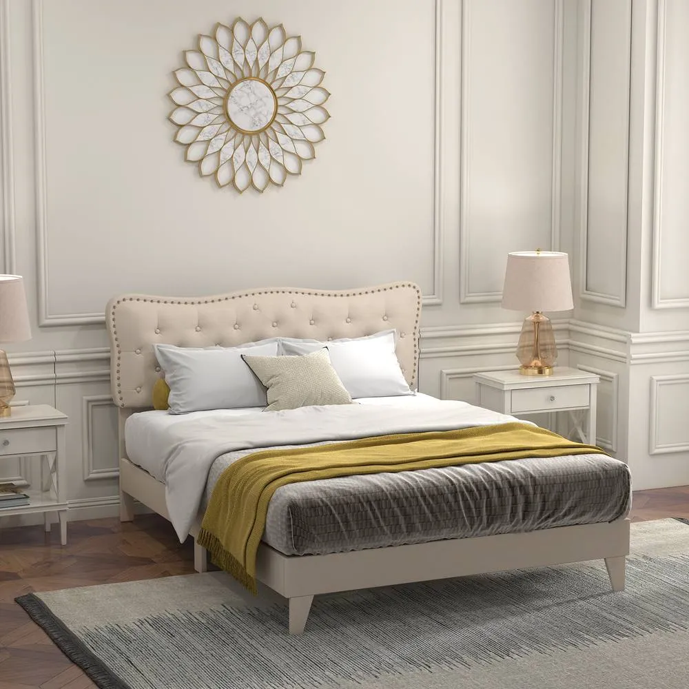 Costway Double Size Bed Frame Wooden Slats Platform w/ Upholstered Headboard in Beige 3