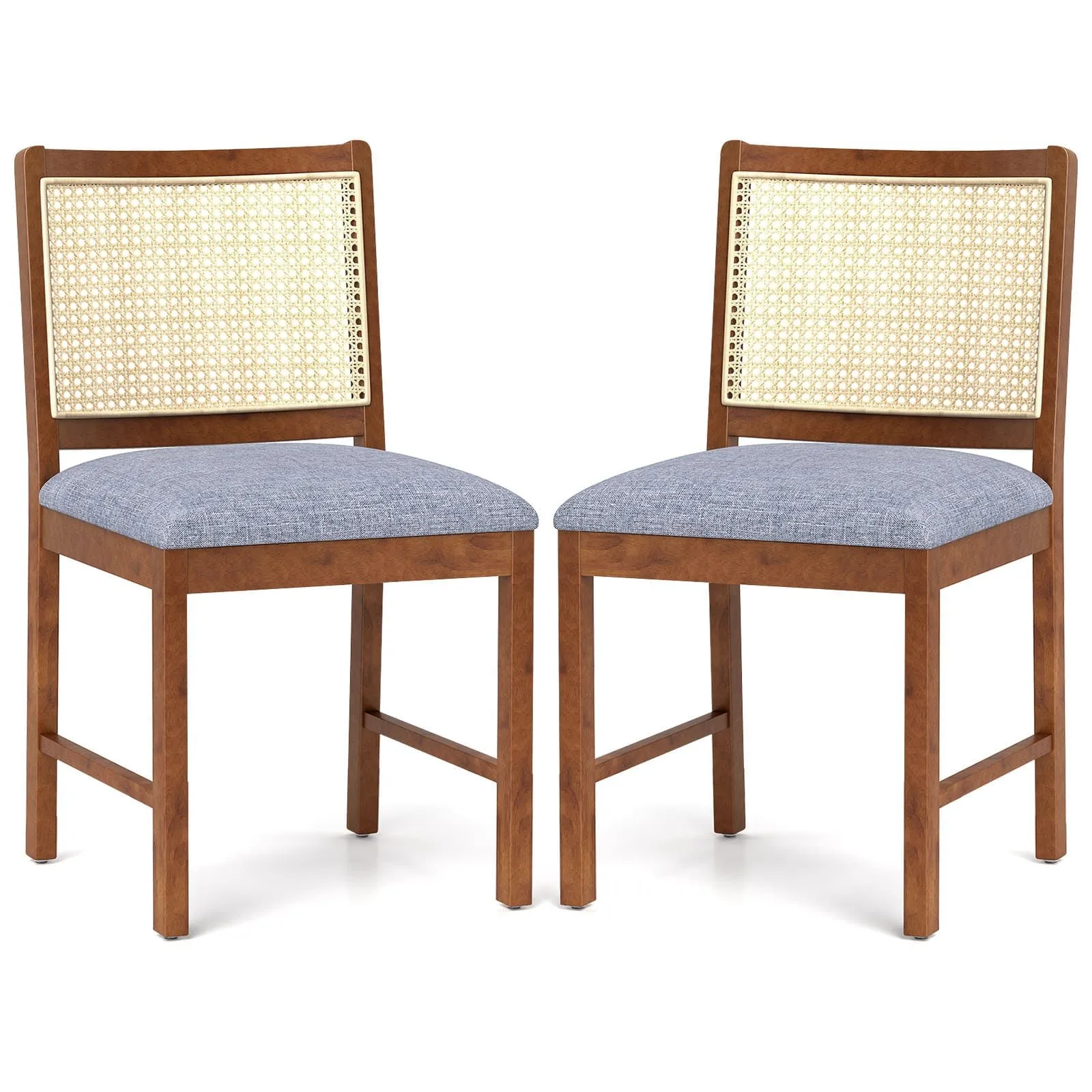 Costway Rattan Dining Chair Set of 2 Wooden Upholstered Kitchen Chairs-Brown in Brown