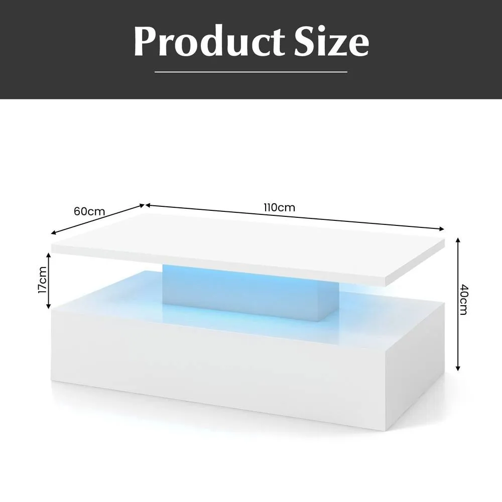 Costway 2-Tier Coffee Table Modern Cocktail Table Side Table W/ LED light in White 2