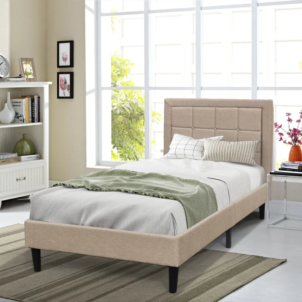 Comfy Living Ltd Fabric Bedframe With Buttoned Headboard in Light Stone 1