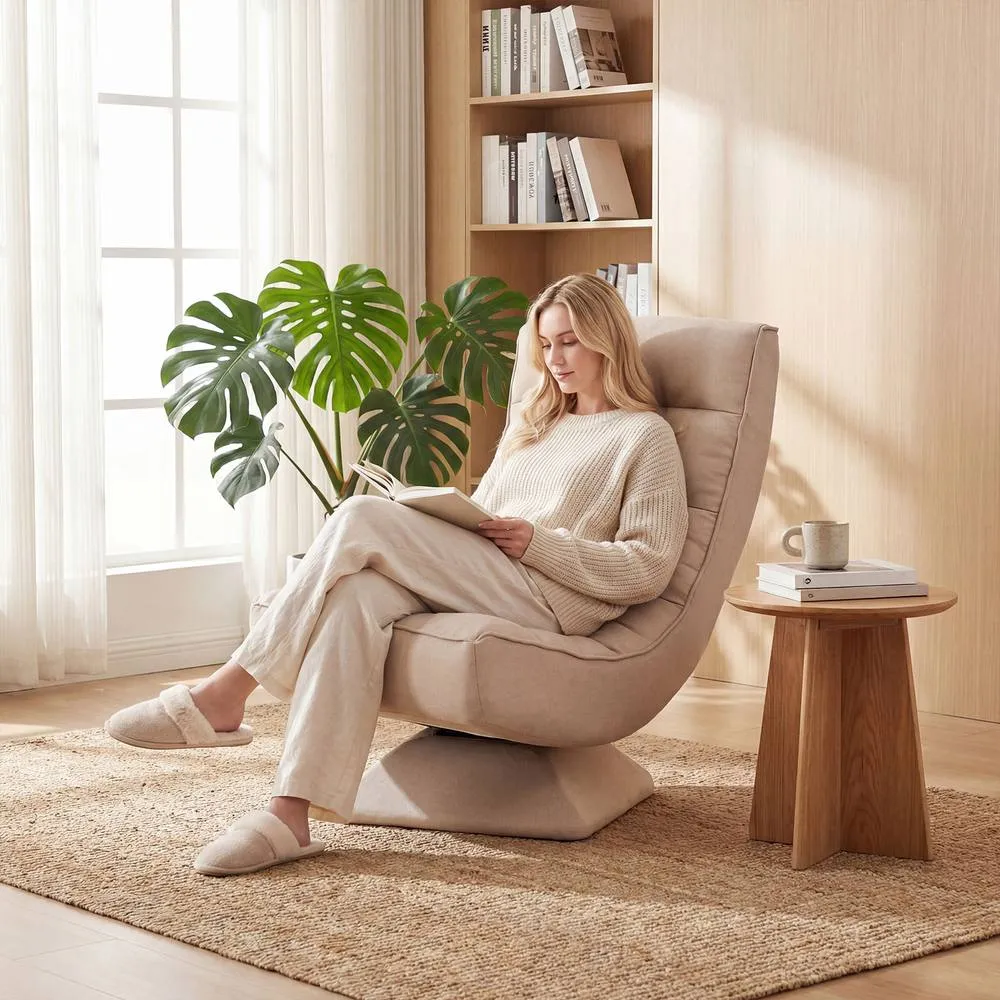 Costway 4-Position Adjustable Floor Chair Padded Lounge Chair w/ Swivel Base in Beige 3