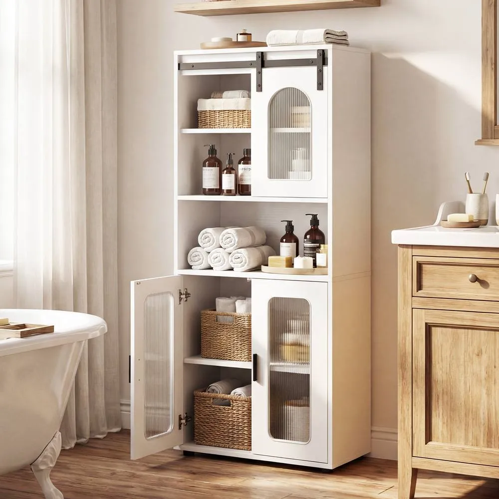 Costway Farmhouse Bathroom Floor Cabinet Sliding Barn Door Shelves in White 5