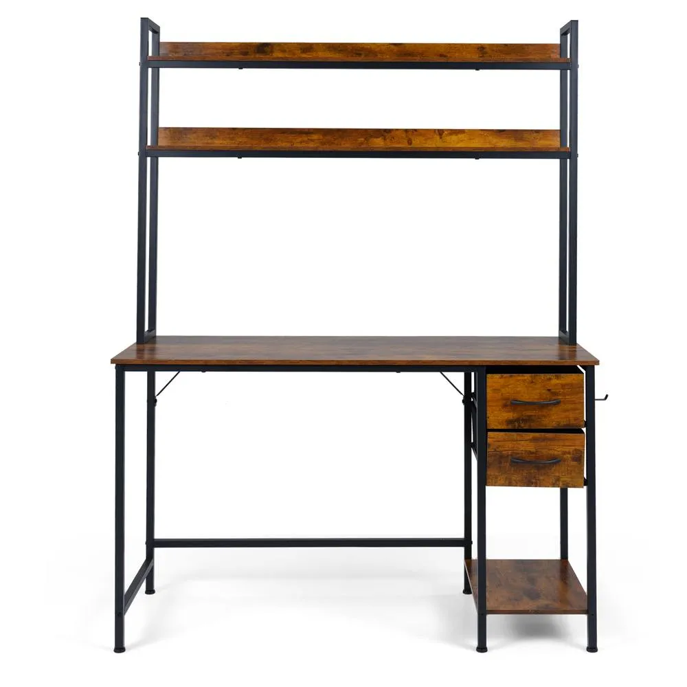 Costway Computer Desk with Hutch Reversible Executive Desk with Fabric Drawers in Brown 3