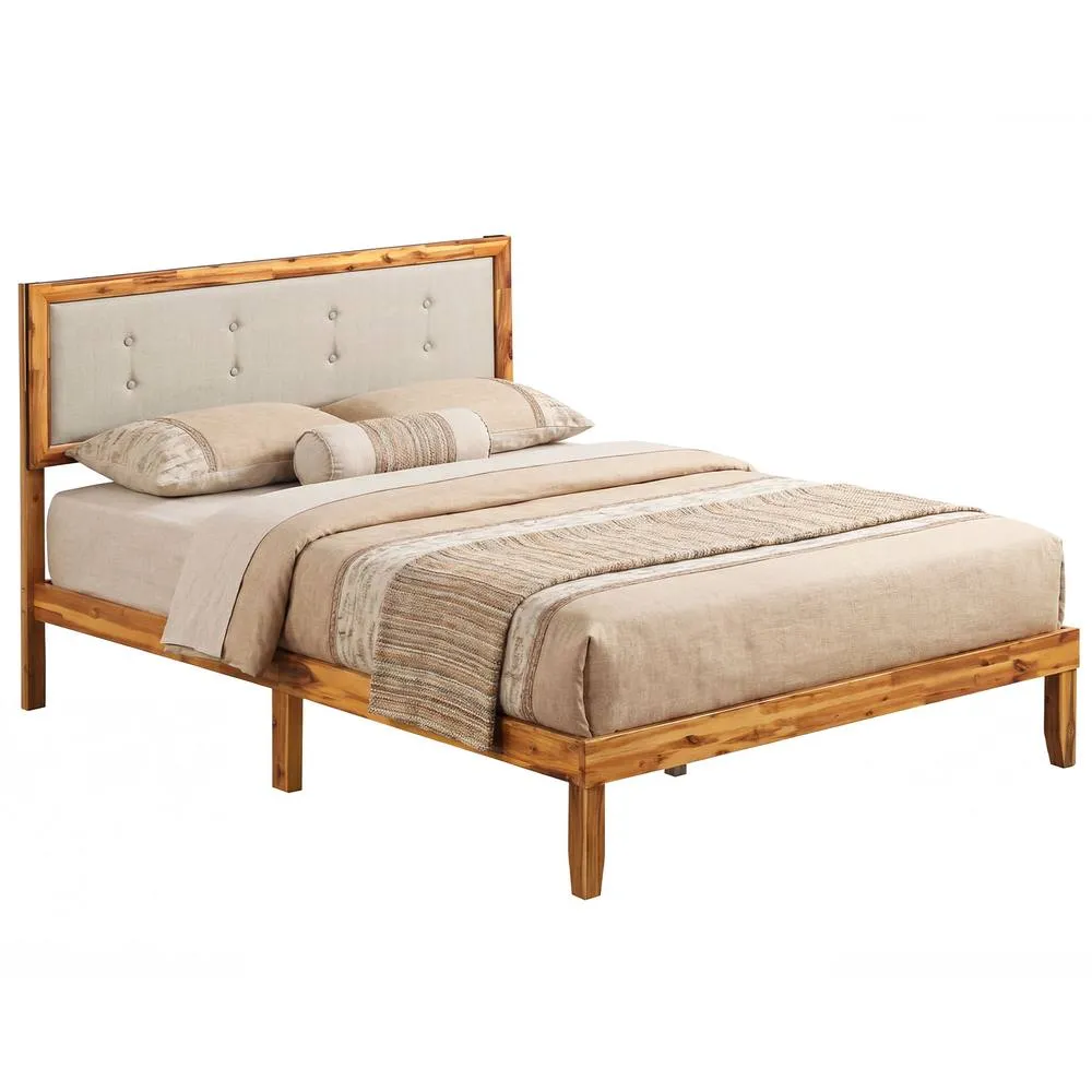 Costway Double Size Bed Frame Acacia Wood Platform Beds w/ Tufted Headboard in Beige