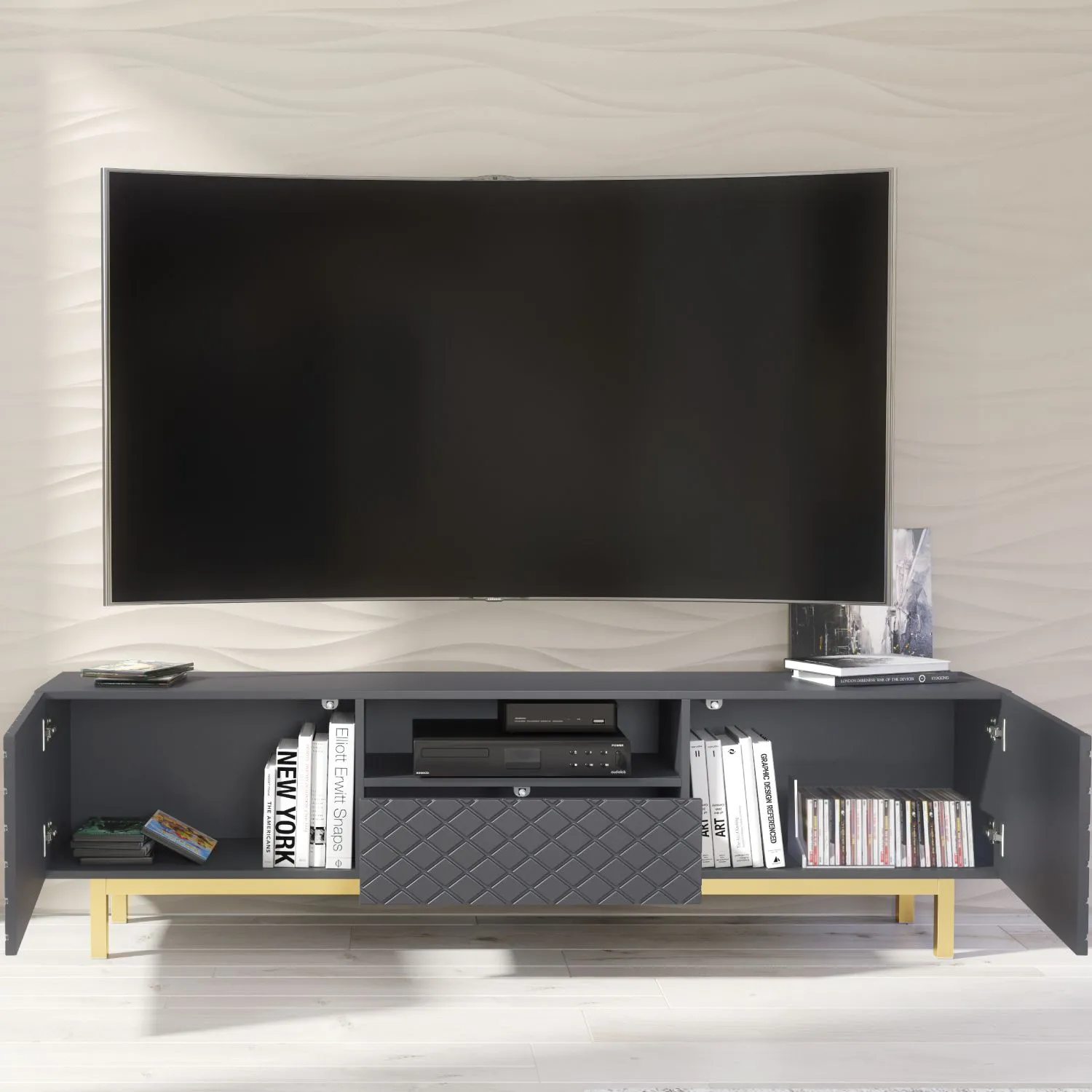 Creative Furniture Diamond Luxe TV Unit 180cm - Luxury Cabinet with Push to Open Storage in Dark Grey 3