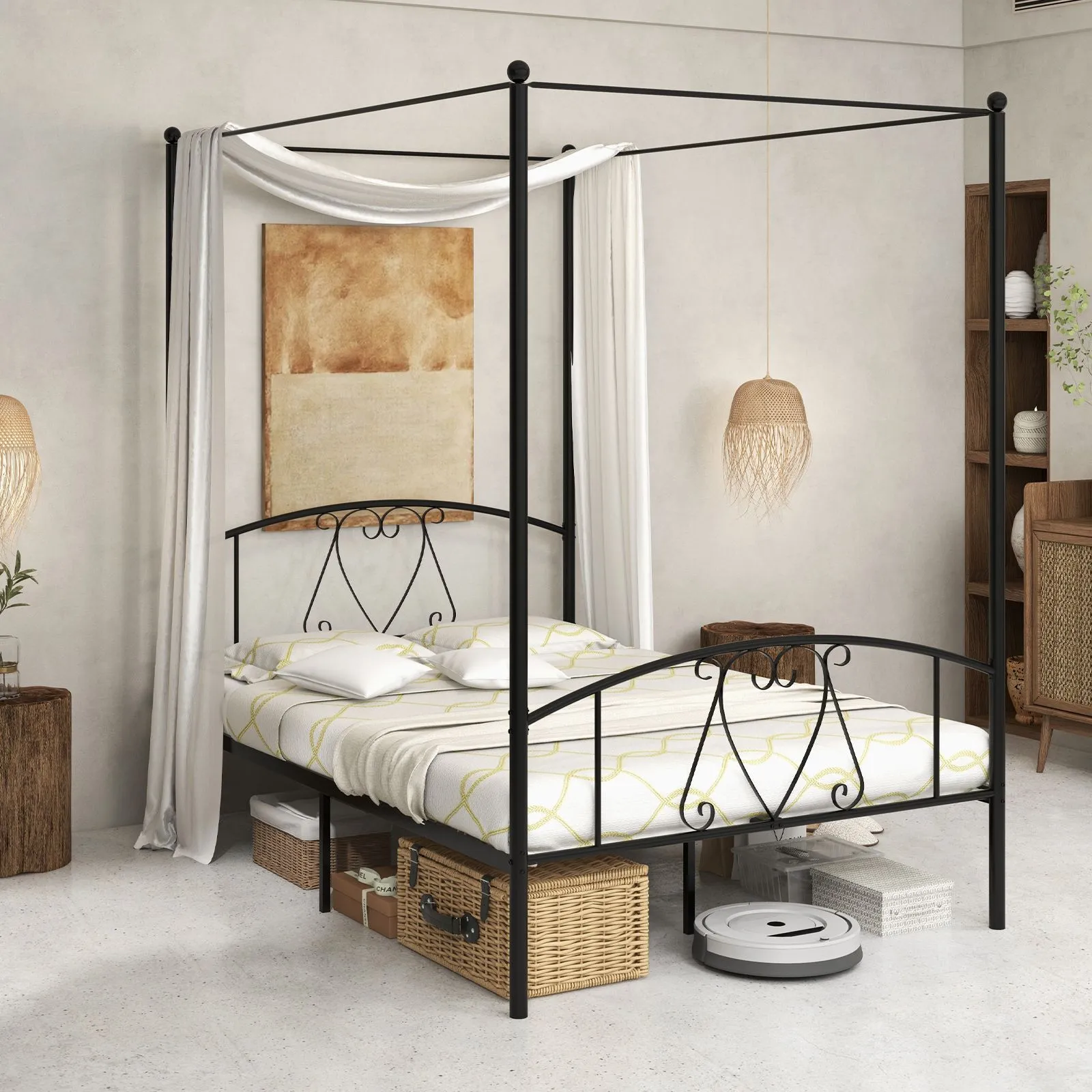 Costway Double Size Metal Canopy Bed Frame 4-Poster Modern Platform Wooden Slat Support in Black 4