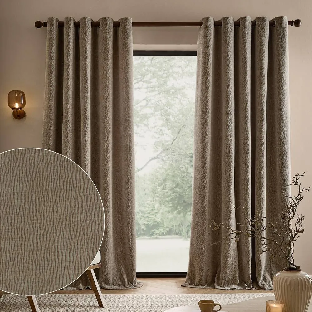 Yard Heath Washed Velvet Fully Lined Eyelet Curtain Pair in Beige 1