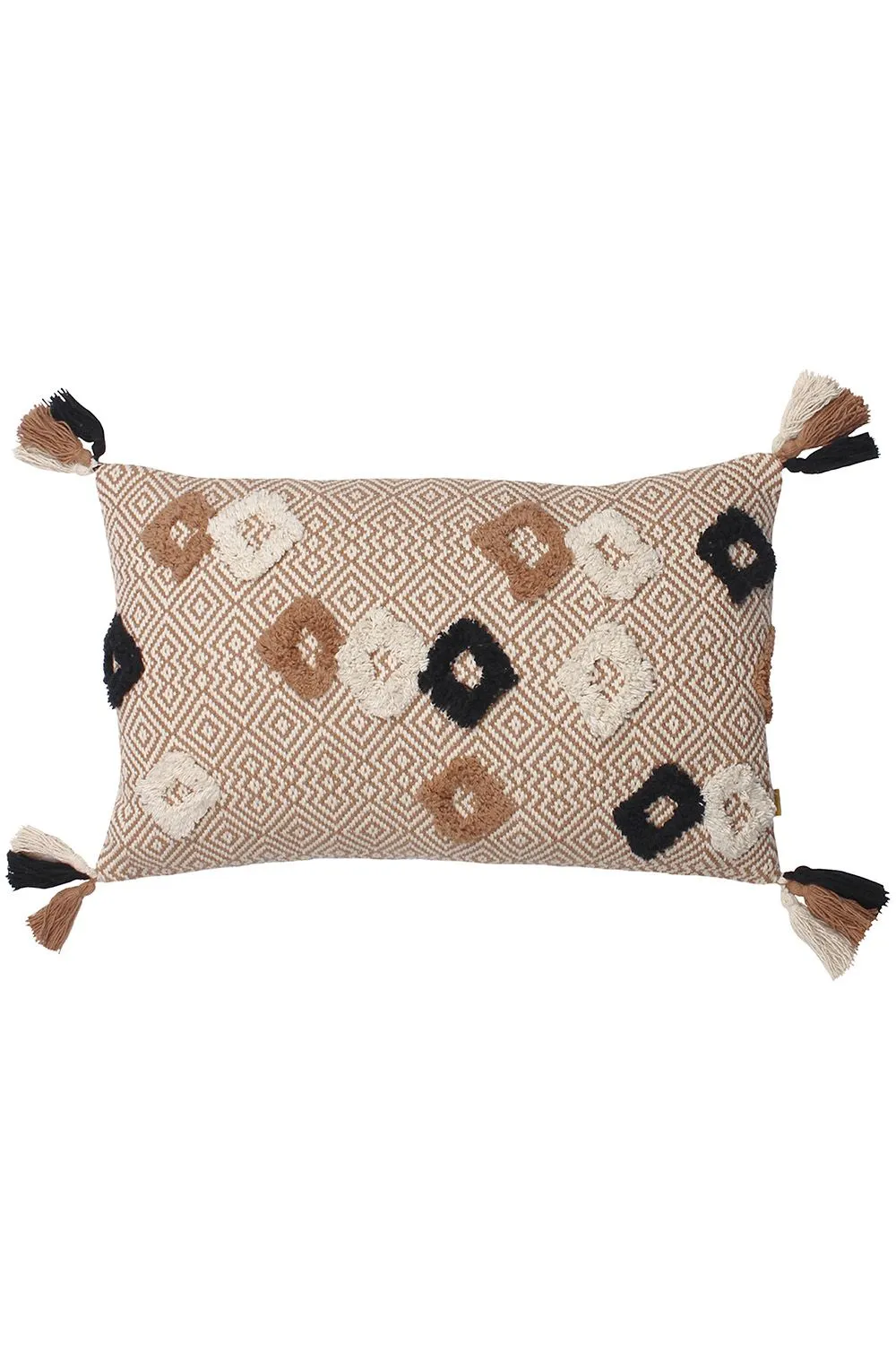 Furn Benji Tasselled Jacquard Diamond Tufted Cotton Cushion in Brown