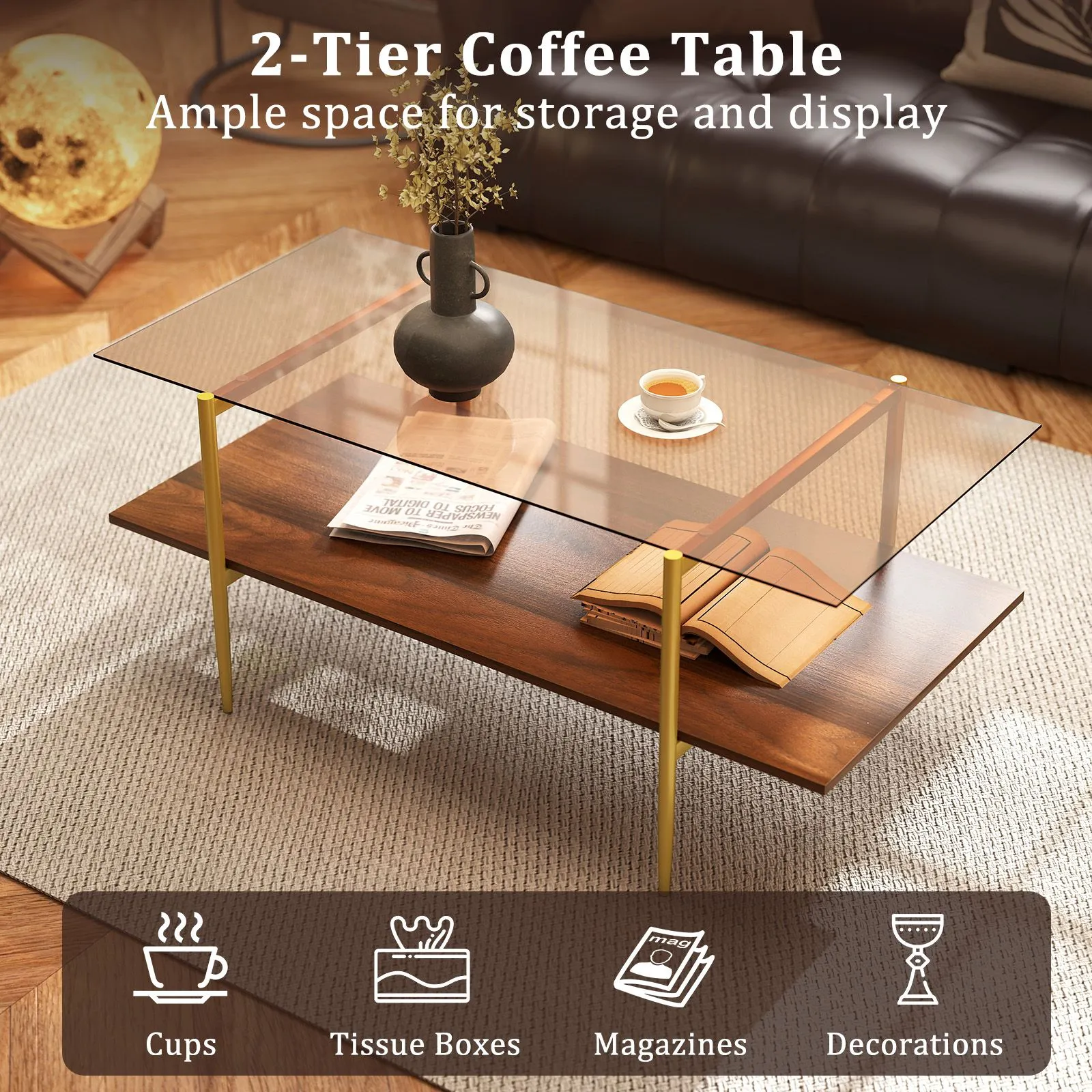 Costway 2-Tier Glass Coffee Table Rectangle Center Table w/Storage Shelf in Brown 4