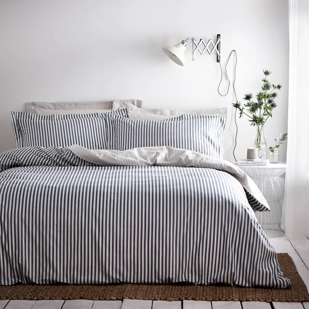 The Linen Yard Hebden Double Duvet Cover Set Cotton Navy / Grey, Blue