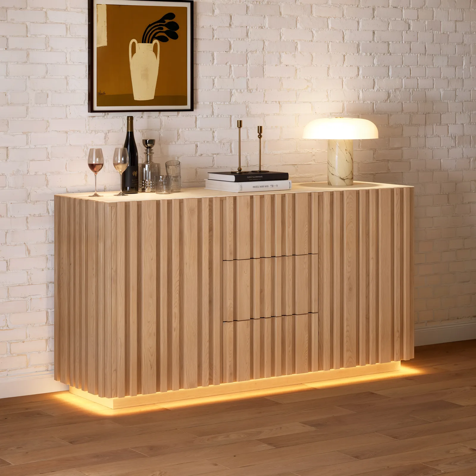 Aura 152 cm Faux Travertine Top Buffet Sideboard with Ash Wood Slatted Panels & Light