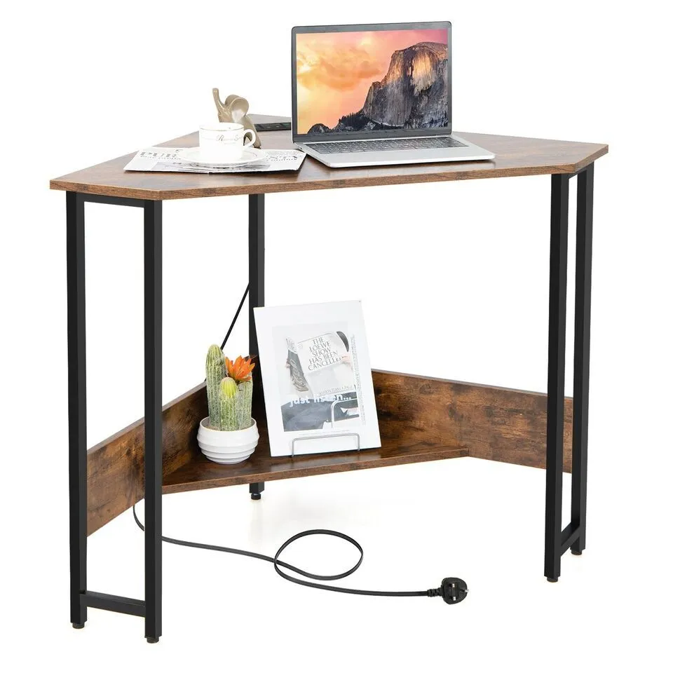 Costway Corner Desk 90-degree Triangle Computer Desk Laptop Desk w/Power Outlet in Brown