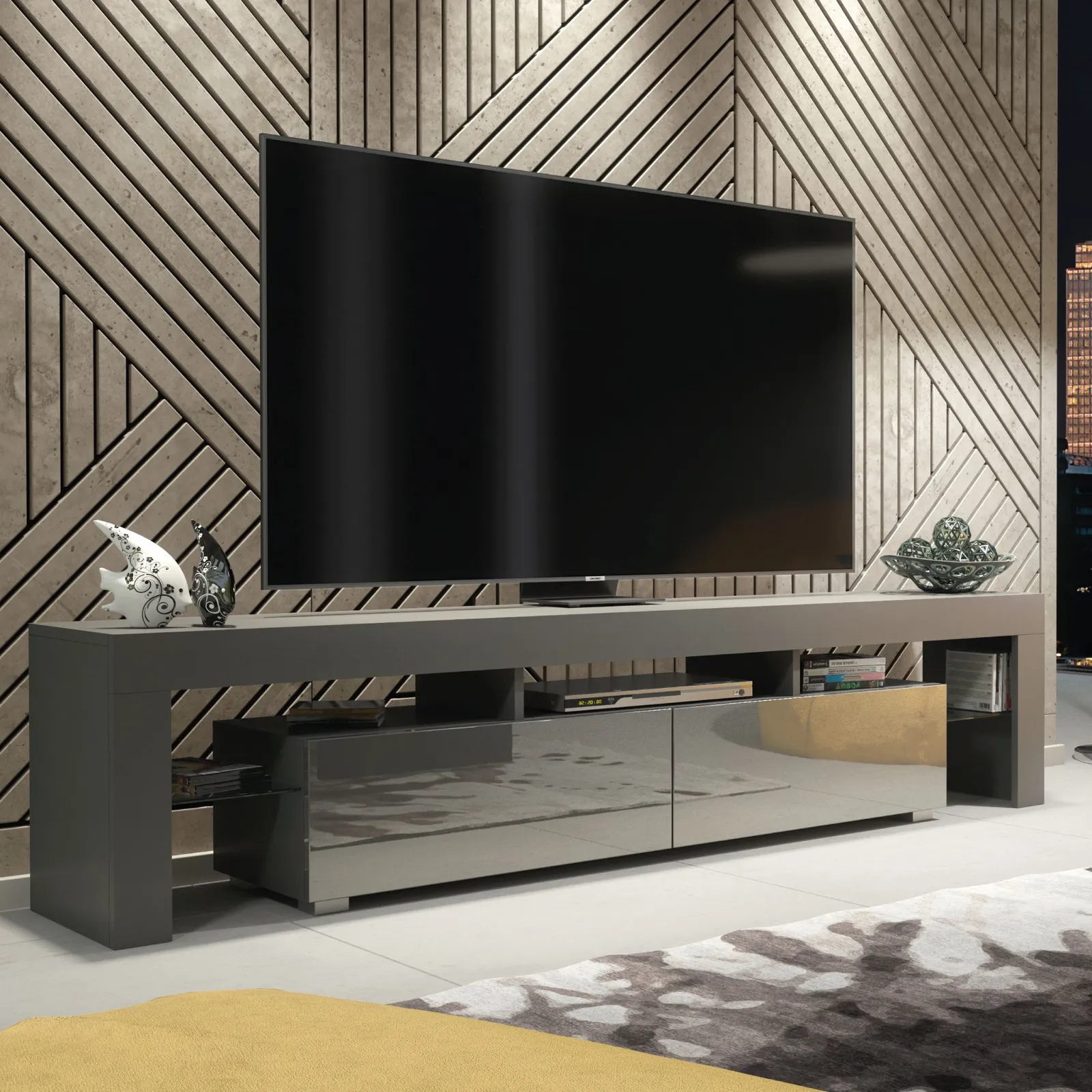 Creative Furniture Nova TV Unit 200cm - A Spacious & Modern Cabinet with Gloss Doors & LED Lights in Dark Grey 6
