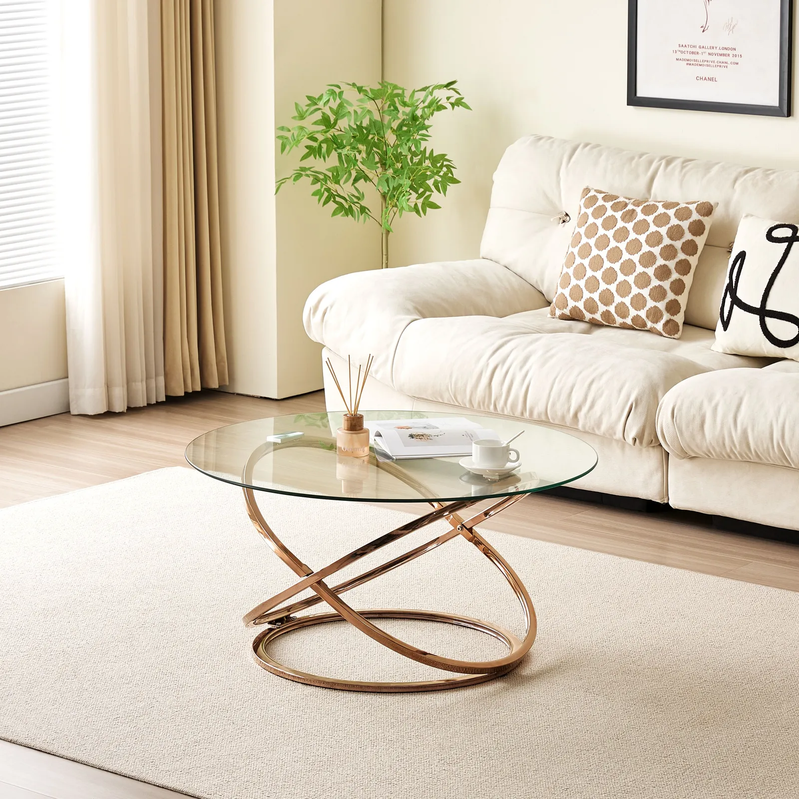 Comfy Living Ltd Round Abstract Tempered Glass Coffee Table Chrome Effect in Gold 3