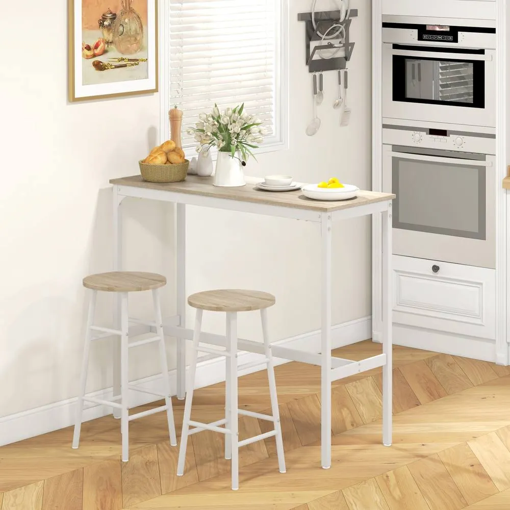 HOMCOM 3 Piece Bar Set, Industrial Kitchen & Chair Set Oak in White