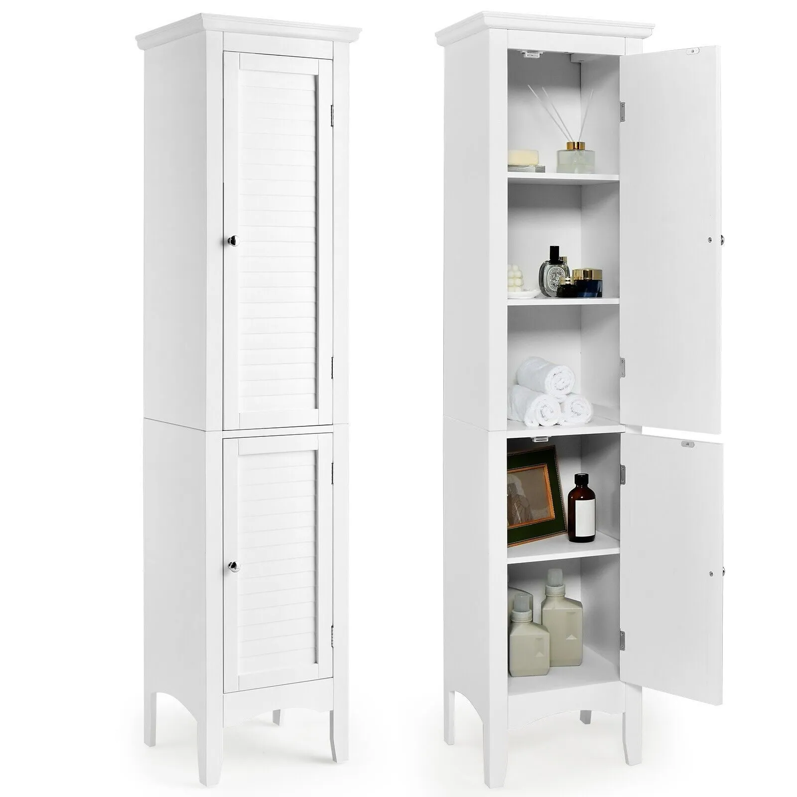 Costway 5-Tier Bathroom Tall Cabinet Slim Freestanding Storage Organizer Cupboard 2 Door in White