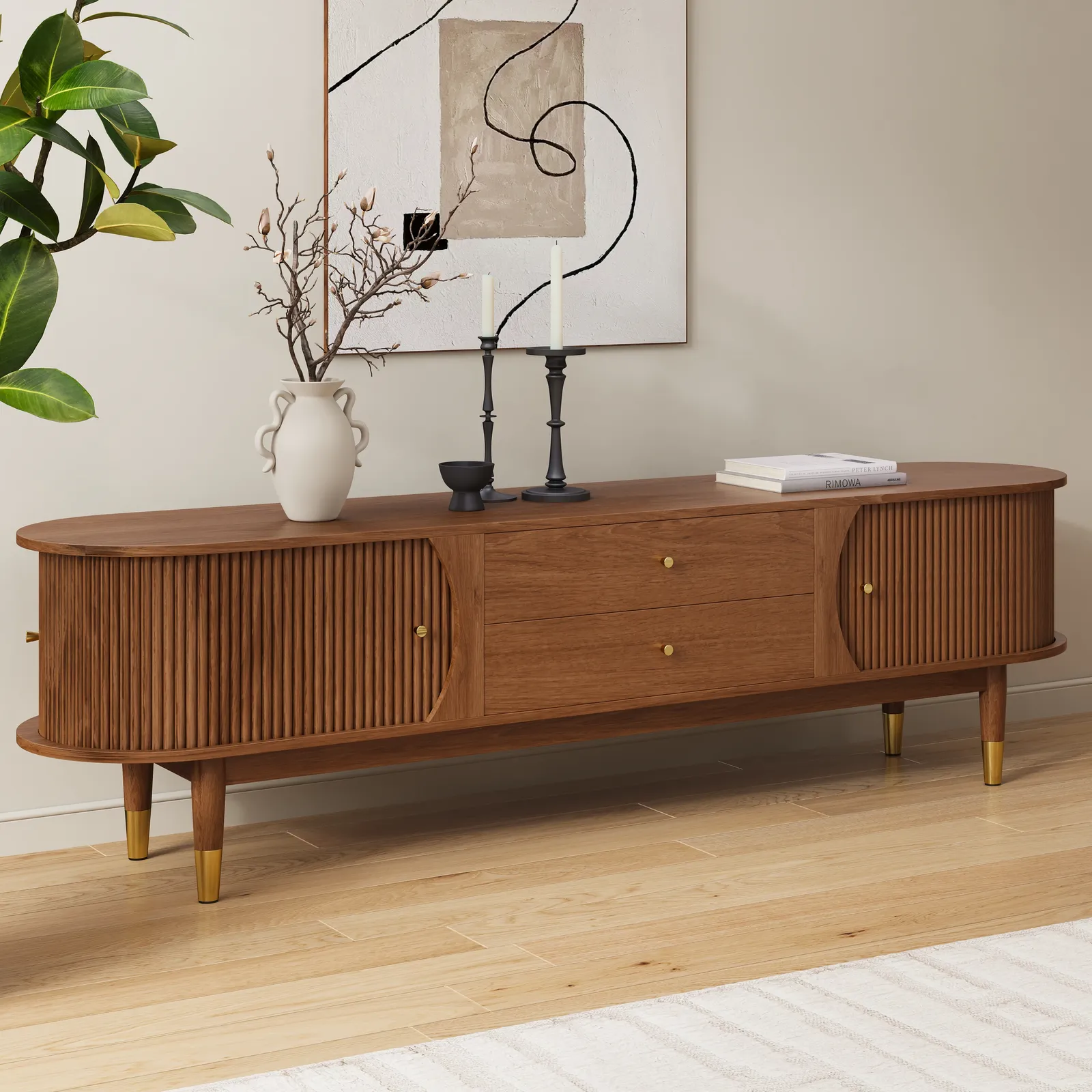 80" Ash Wood Fluted Walnut TV Stand with Storage