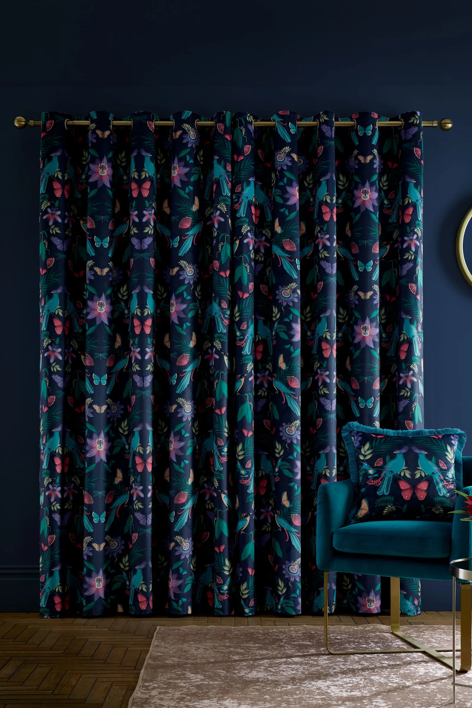 Catherine Lansfield 'Mya Tropical Floral' Lined Eyelet Curtains in Navy 2